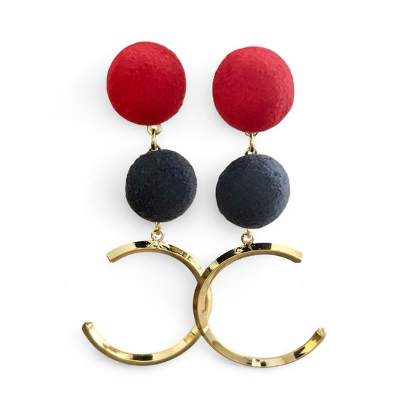 Jewelry - Statement Red & Navy Ball Drop Earrings with Open Gold Hoop Design